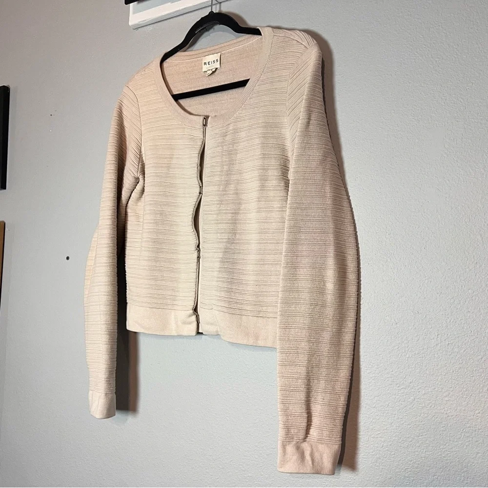 Reiss Cardigan Sweater Textured Beige Cream Clasp Front Cotton Size Medium